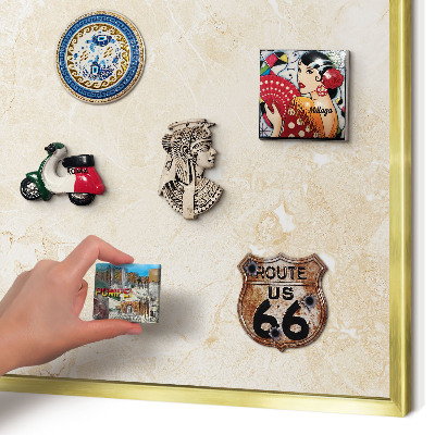 Metal magnet board with a gold frame Delicate marble