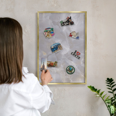 Metal magnet board with a gold frame Gray elegance