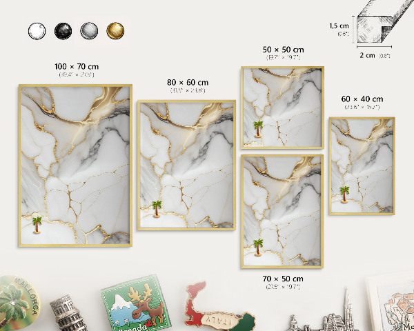 Metal magnet board with a gold frame Abstract marble