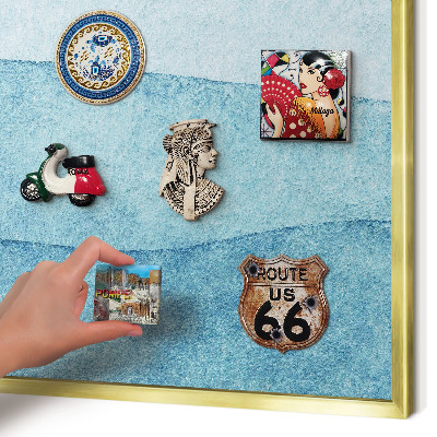 Metal magnet board with a gold frame Blue waves