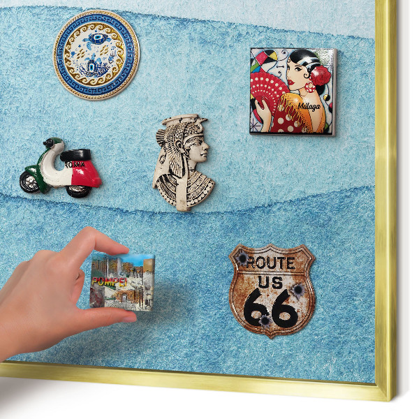 Metal magnet board with a gold frame Blue waves