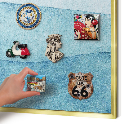 Metal magnet board with a gold frame Blue waves