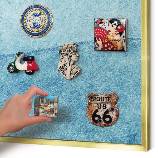 Metal magnet board with a gold frame Blue waves