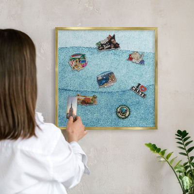 Metal magnet board with a gold frame Blue waves