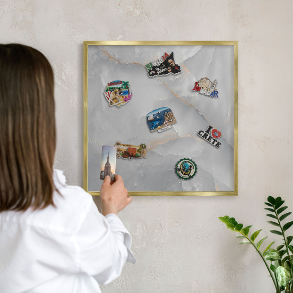 Metal magnet board with a gold frame Gray veins