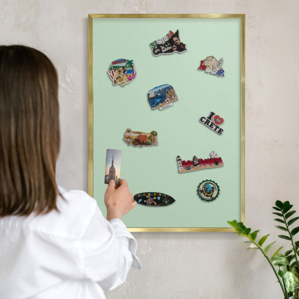 Metal magnet board with a gold frame Mint green
