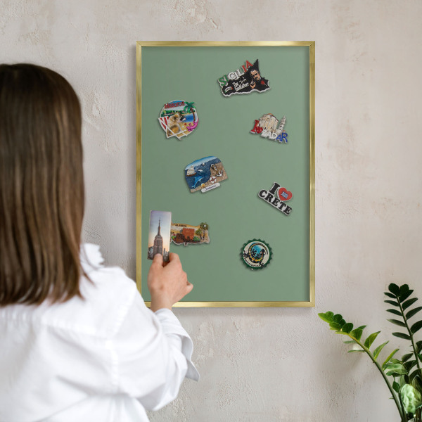 Metal magnet board with a gold frame Muted green