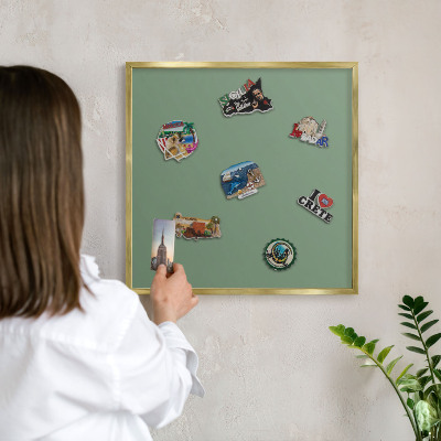 Metal magnet board with a gold frame Muted green