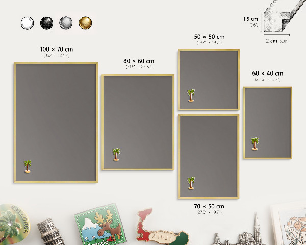 Metal magnet board with a gold frame Dark gray