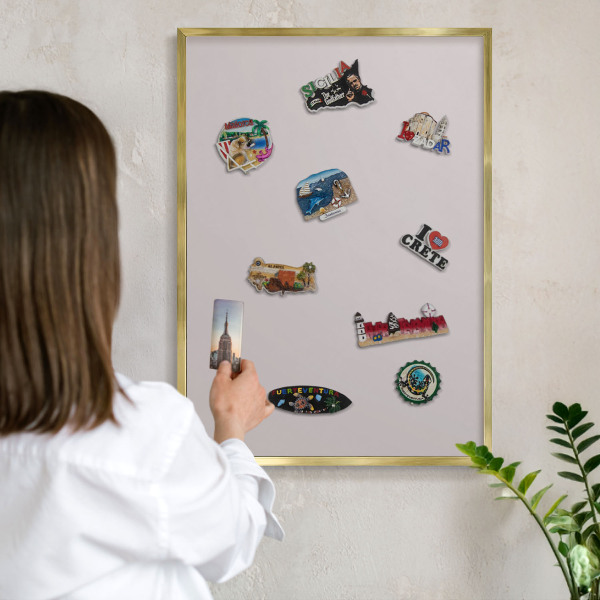 Metal magnet board with a gold frame Ash gray