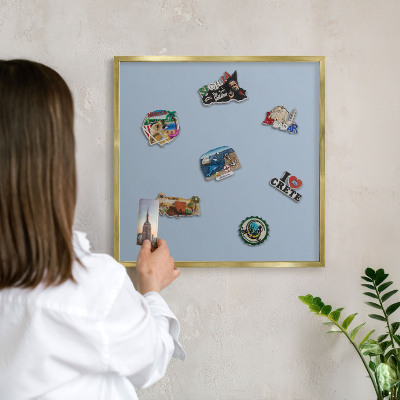 Metal magnet board with a gold frame Pastel blue