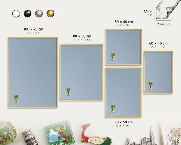 Metal magnet board with a gold frame Pastel blue