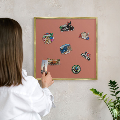 Metal magnet board with a gold frame Brick color