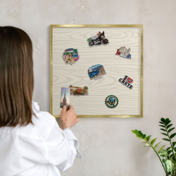 Metal magnet board with a gold frame Wooden rings