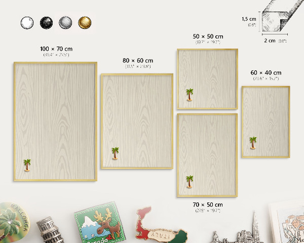 Metal magnet board with a gold frame Wooden rings
