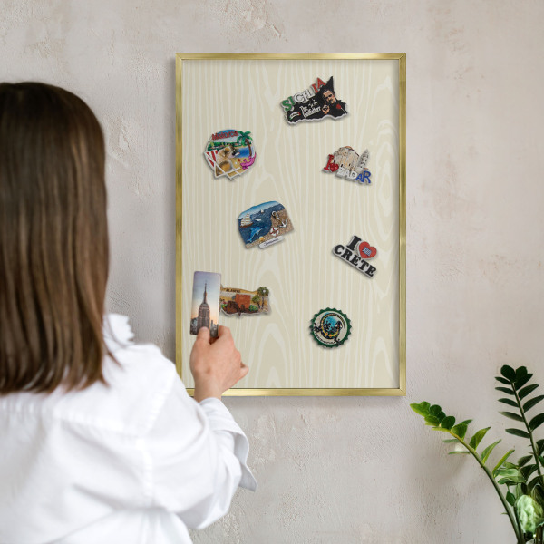 Metal magnet board with a gold frame Beige grain