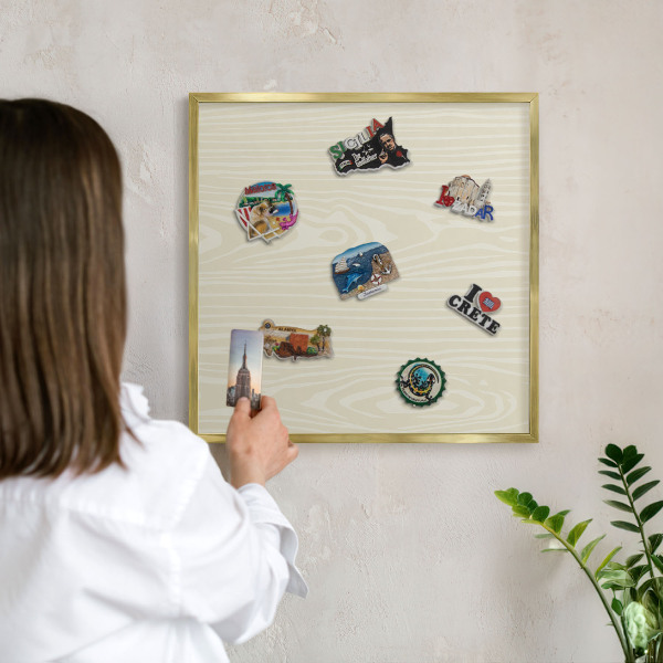 Metal magnet board with a gold frame Beige grain