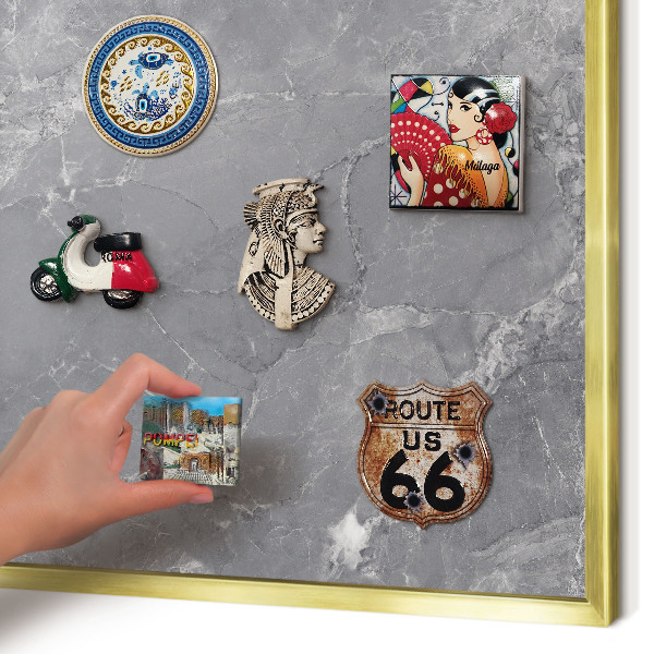 Metal magnet board with a gold frame Gray marble