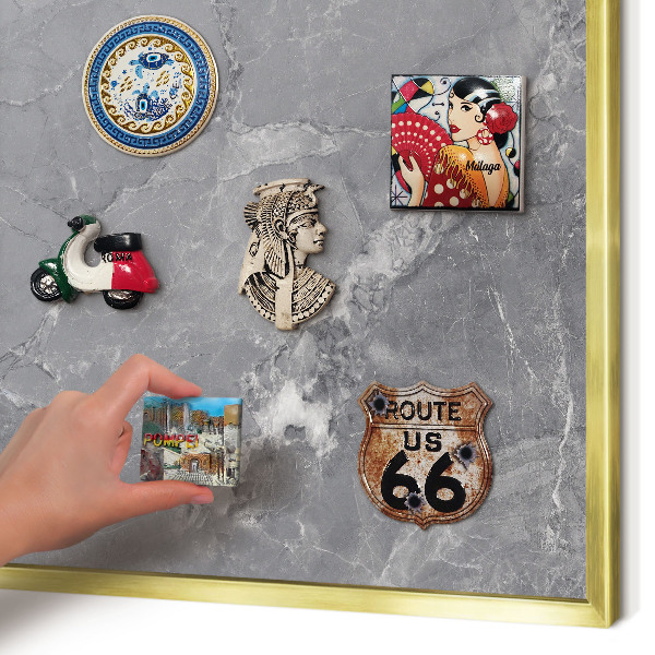 Metal magnet board with a gold frame Gray marble