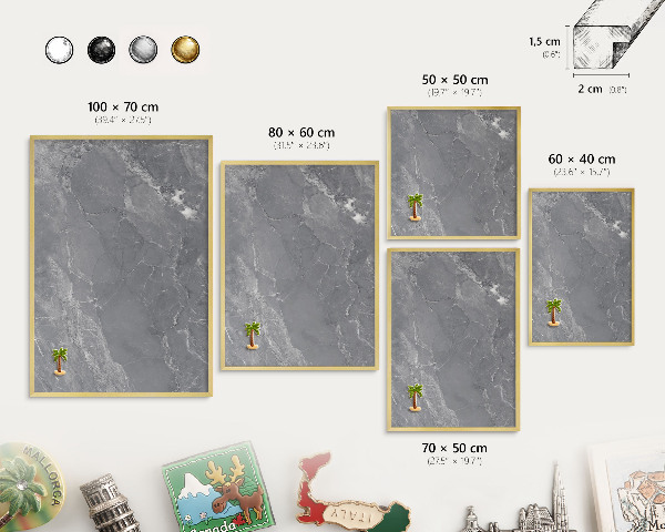 Metal magnet board with a gold frame Gray marble