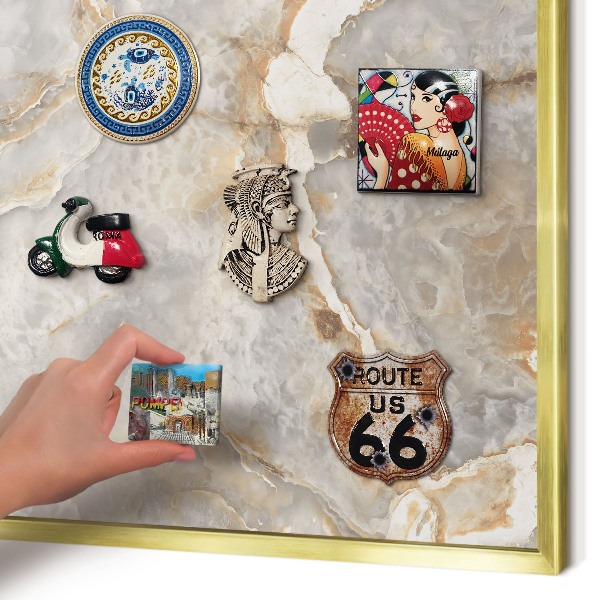 Metal magnet board with a gold frame Marble elegance