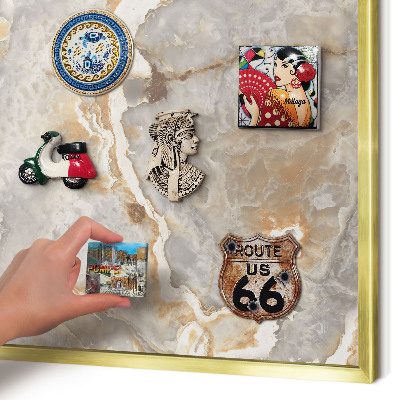 Metal magnet board with a gold frame Marble elegance