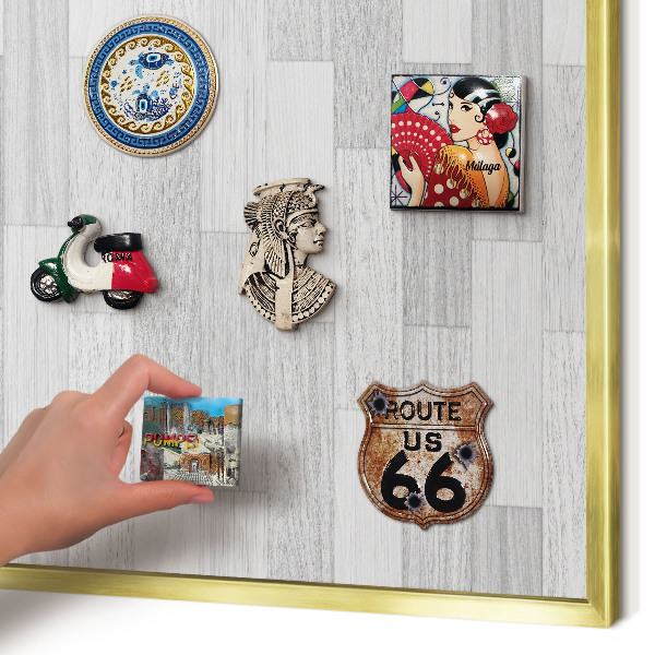 Metal magnet board with a gold frame Wooden texture