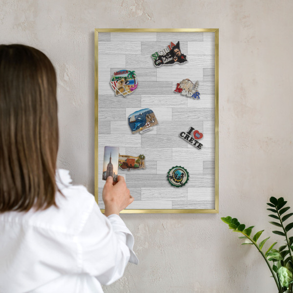 Metal magnet board with a gold frame Wooden texture