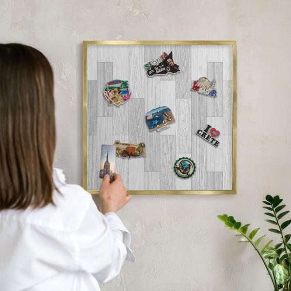Metal magnet board with a gold frame Wooden texture