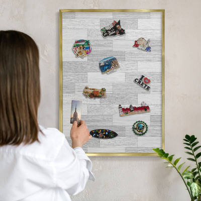Metal magnet board with a gold frame Wooden texture