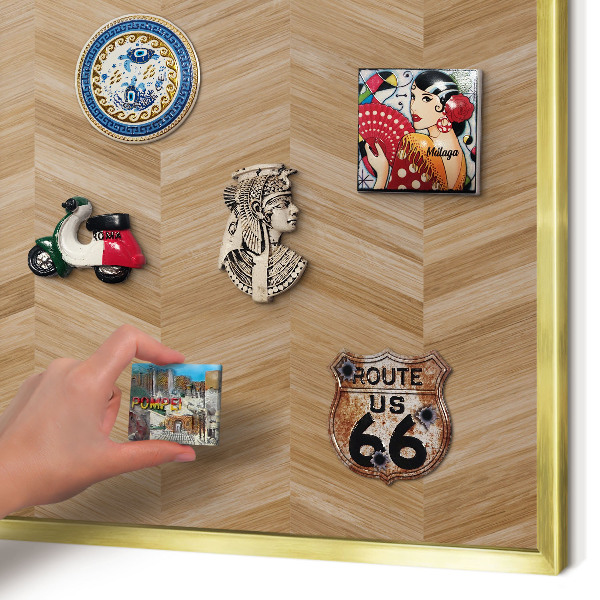 Metal magnet board with a gold frame Wood herringbone