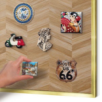 Metal magnet board with a gold frame Wood herringbone