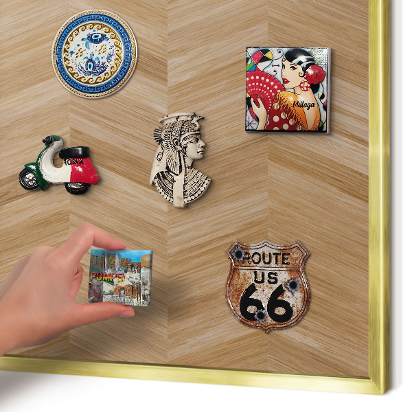Metal magnet board with a gold frame Wood herringbone