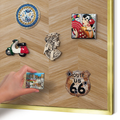 Metal magnet board with a gold frame Wood herringbone