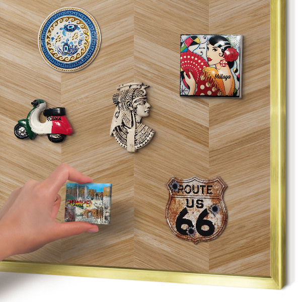 Metal magnet board with a gold frame Wood herringbone