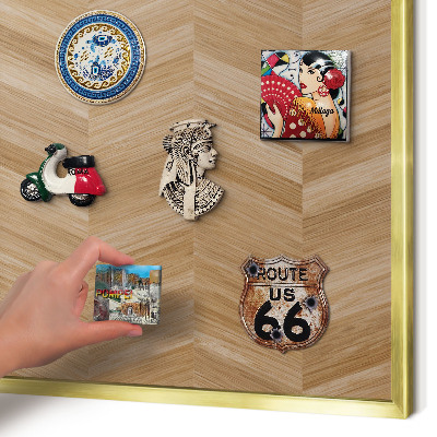 Metal magnet board with a gold frame Wood herringbone