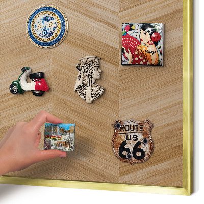Metal magnet board with a gold frame Wood herringbone