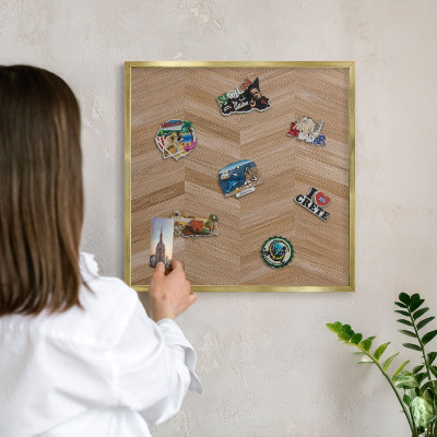 Metal magnet board with a gold frame Wood herringbone
