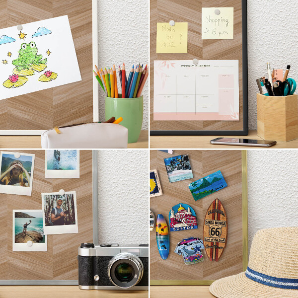 Metal magnet board with a gold frame Wood herringbone
