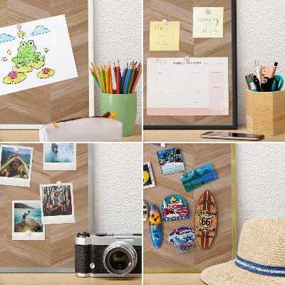 Metal magnet board with a gold frame Wood herringbone