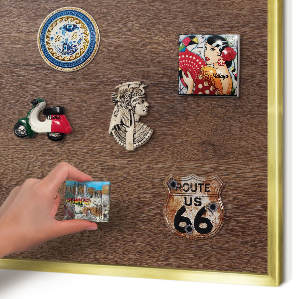 Metal magnet board with a gold frame Brown wood