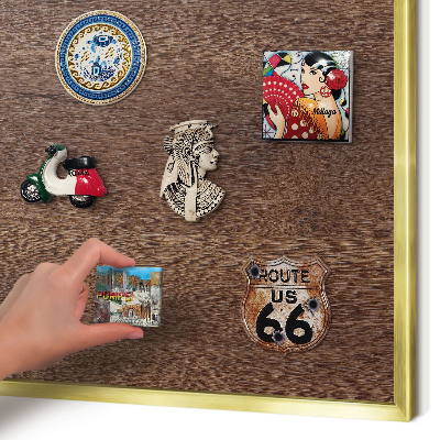 Metal magnet board with a gold frame Brown wood