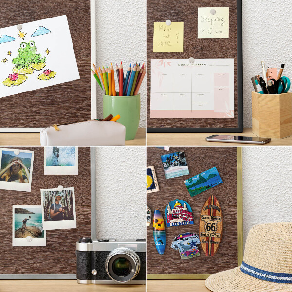 Metal magnet board with a gold frame Brown wood
