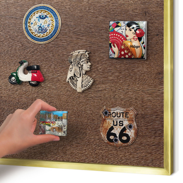 Metal magnet board with a gold frame Brown wood
