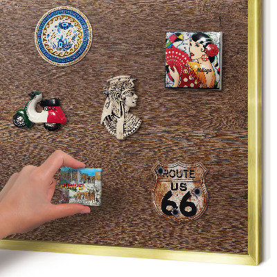 Metal magnet board with a gold frame Brown wood