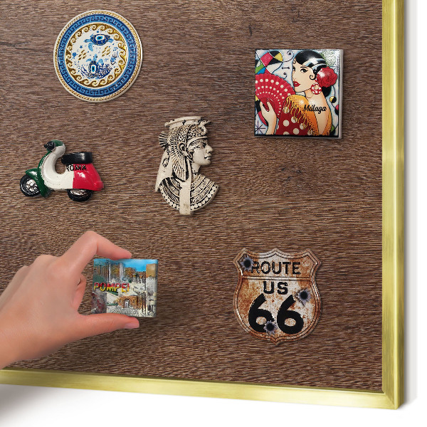 Metal magnet board with a gold frame Brown wood