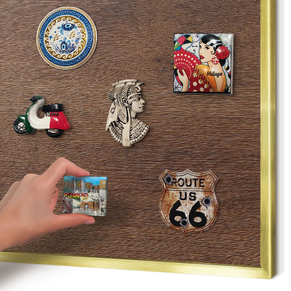 Metal magnet board with a gold frame Brown wood