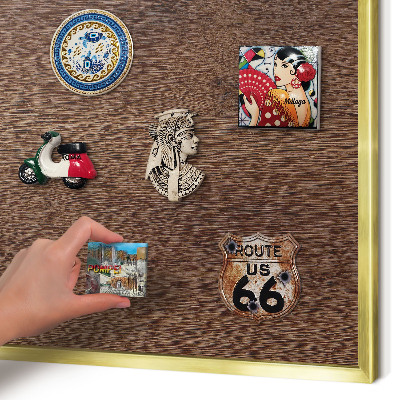 Metal magnet board with a gold frame Brown wood