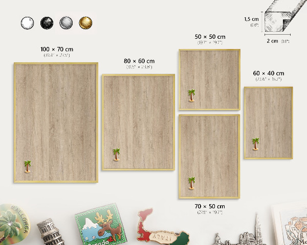 Metal magnet board with a gold frame Wooden background