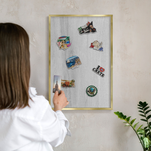 Metal magnet board with a gold frame Wooden structure